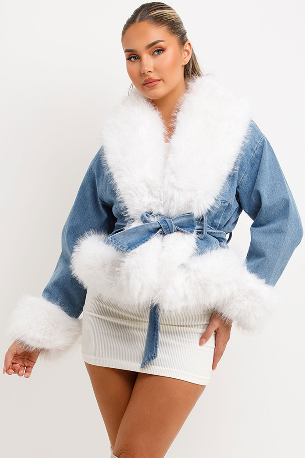 White Fur Denim Jacket With Belt