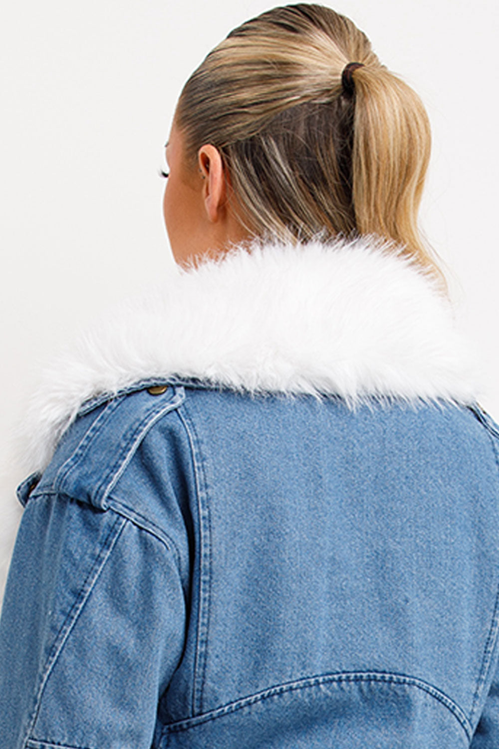 Denim Blue Aviator Jacket With Faux Fur Collar