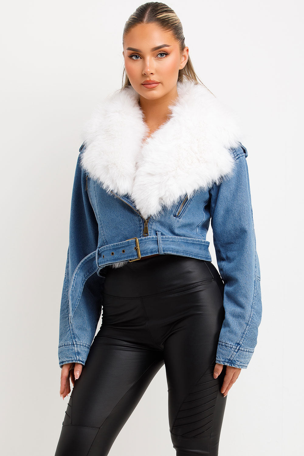 Denim Blue Aviator Jacket With Faux Fur Collar