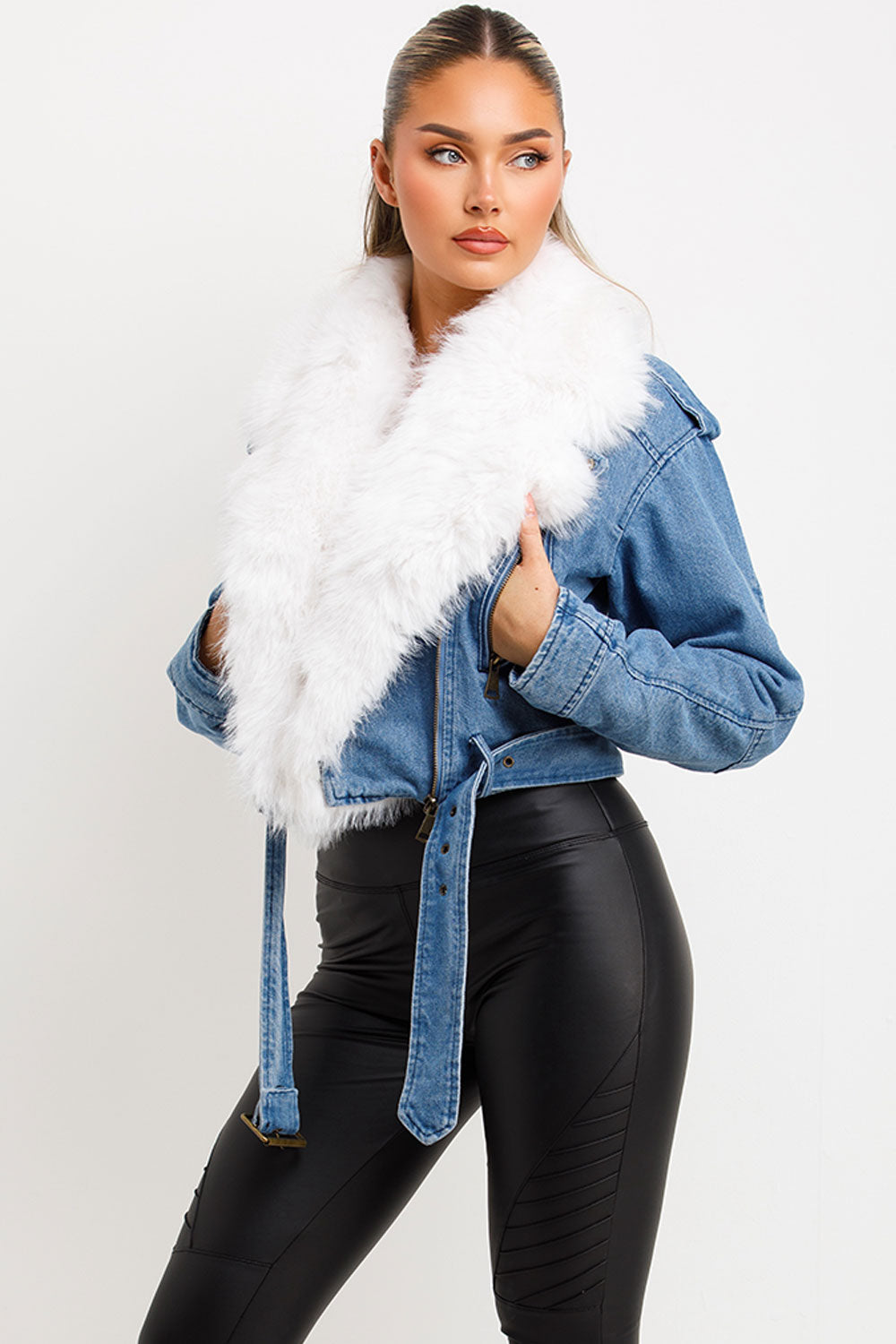 Denim Blue Aviator Jacket With Faux Fur Collar