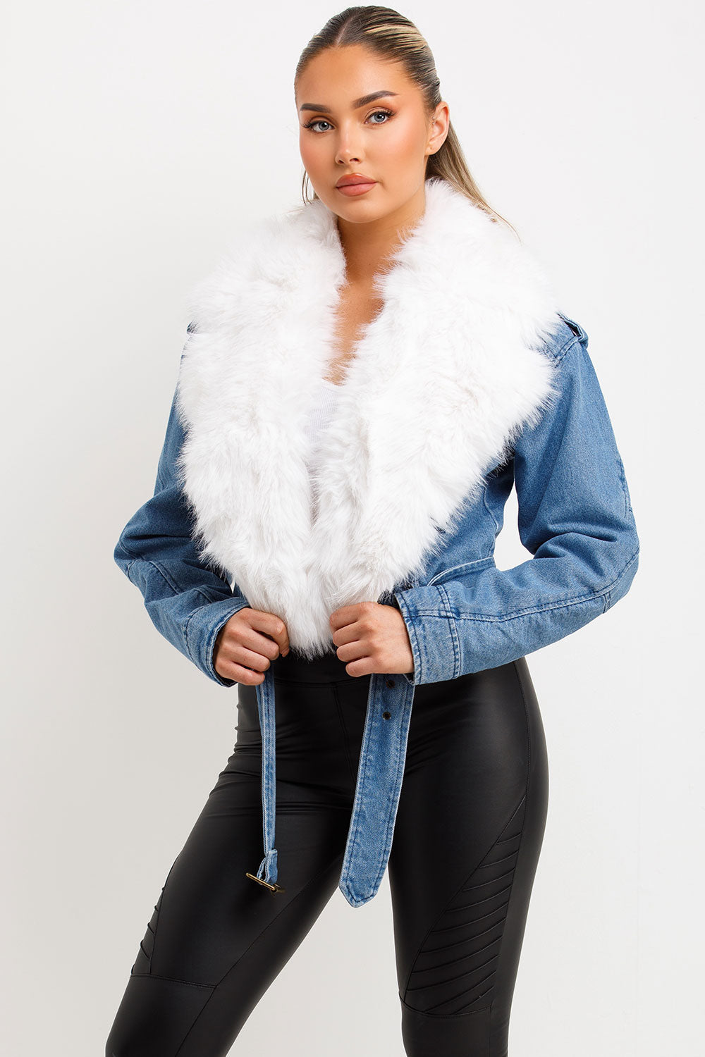 Denim Blue Aviator Jacket With Faux Fur Collar