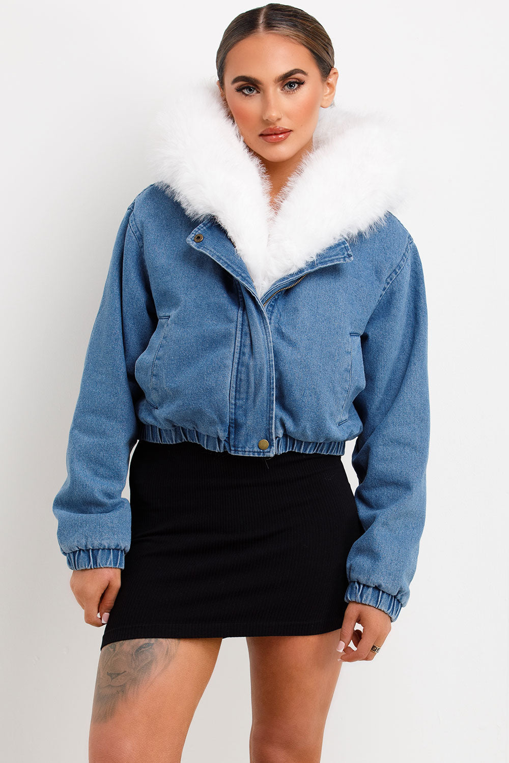 Denim Bomber Jacket With White Faux Fur Hood And Trim