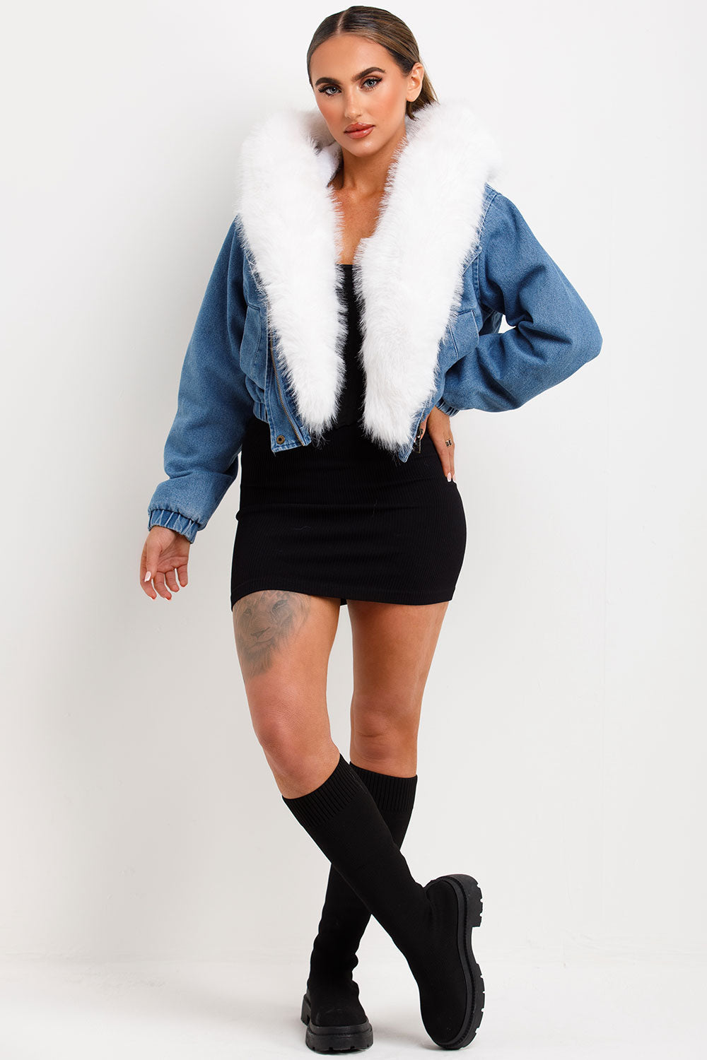 Denim Bomber Jacket With White Faux Fur Hood And Trim