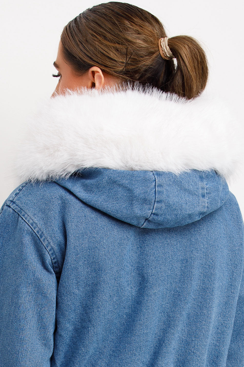 Denim Bomber Jacket With White Faux Fur Hood And Trim