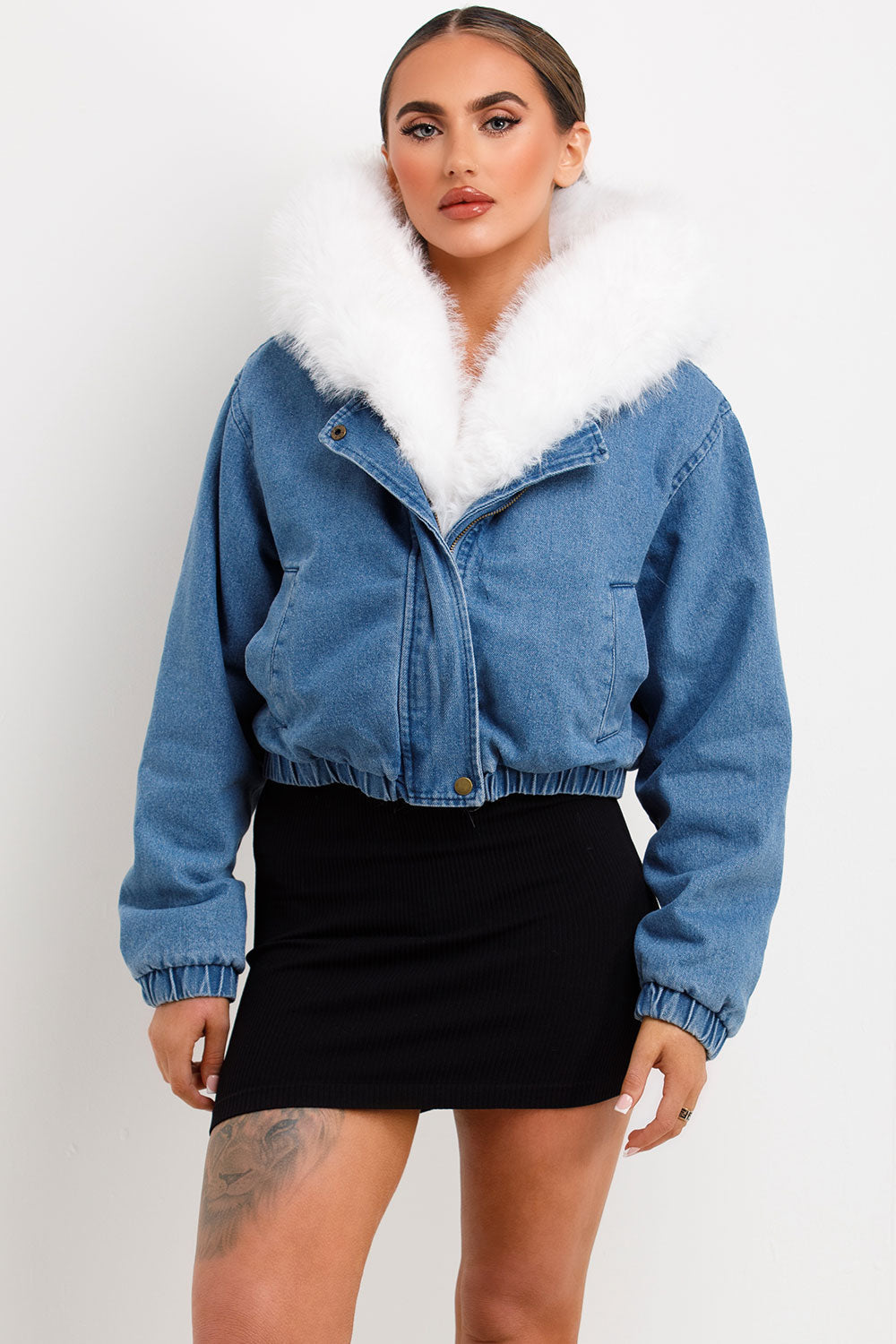 Denim Bomber Jacket With White Faux Fur Hood And Trim