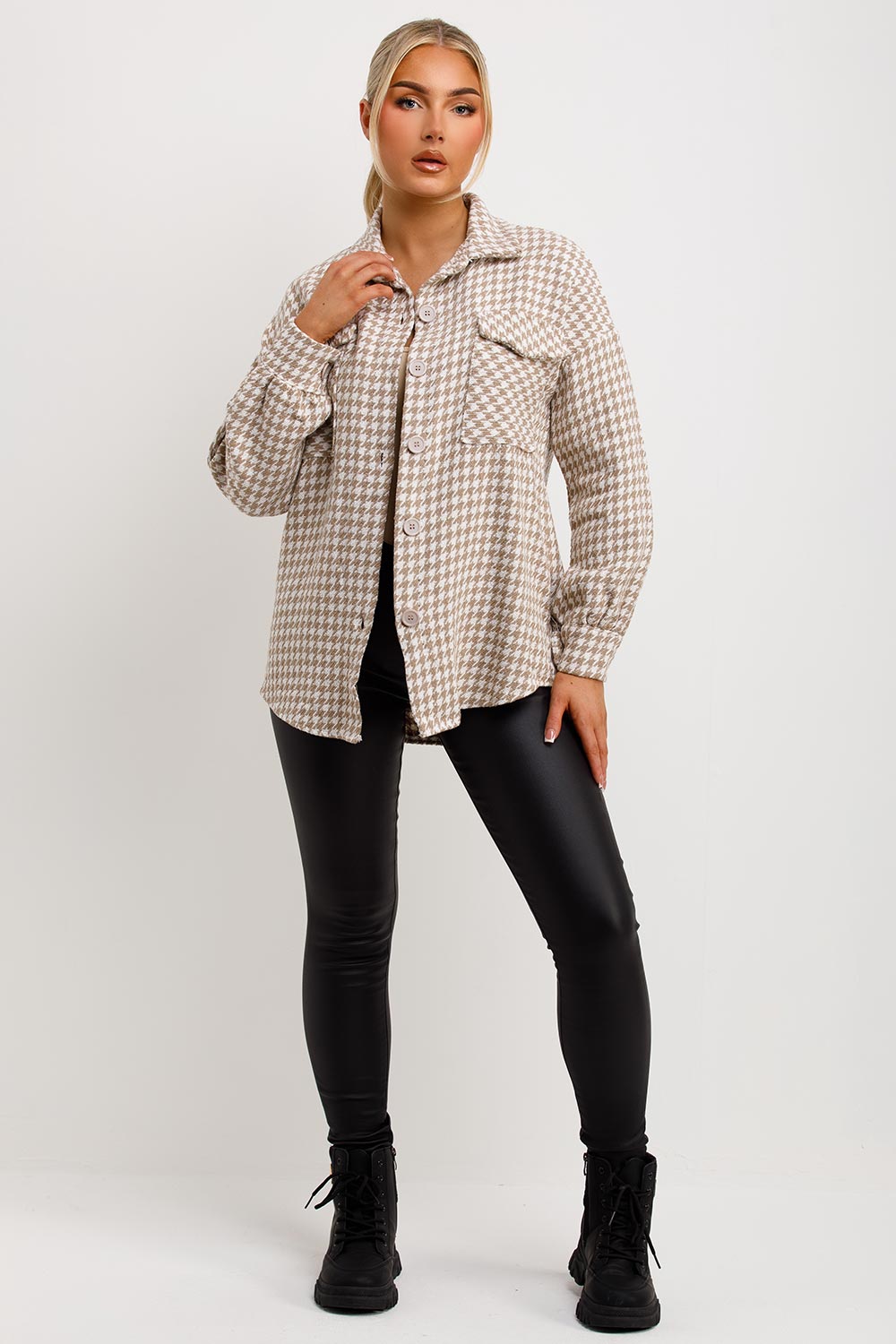 Dogtooth Shacket With Button Front Beige