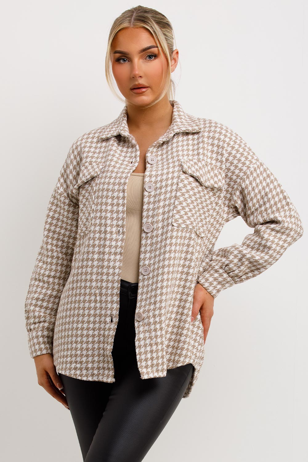 Dogtooth Shacket With Button Front Beige