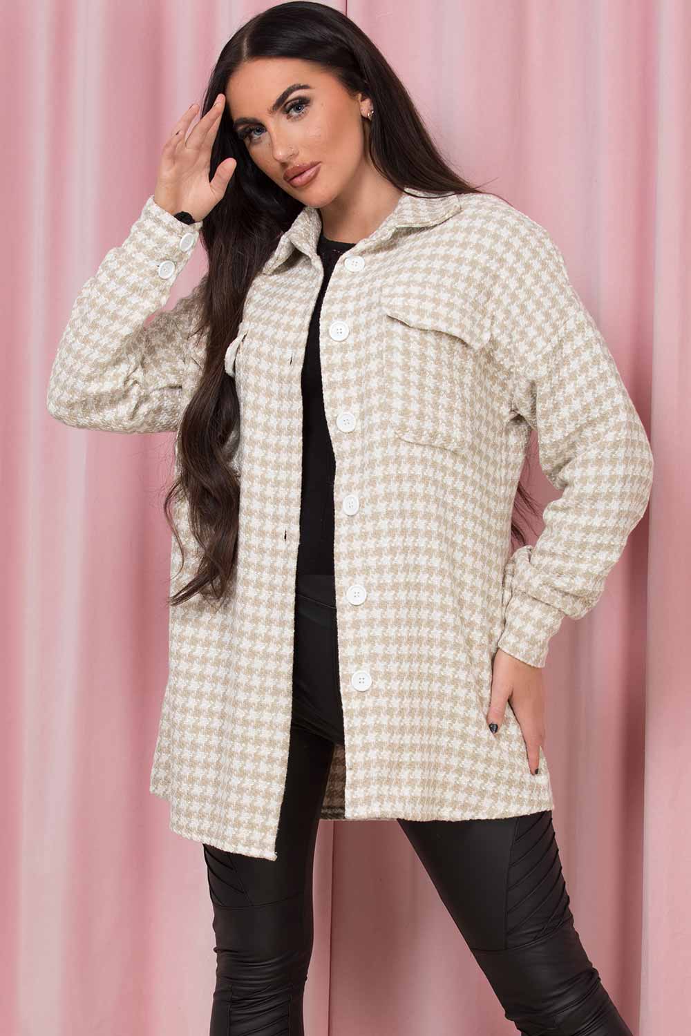 Beige Dogtooth Shacket Oversized Jacket