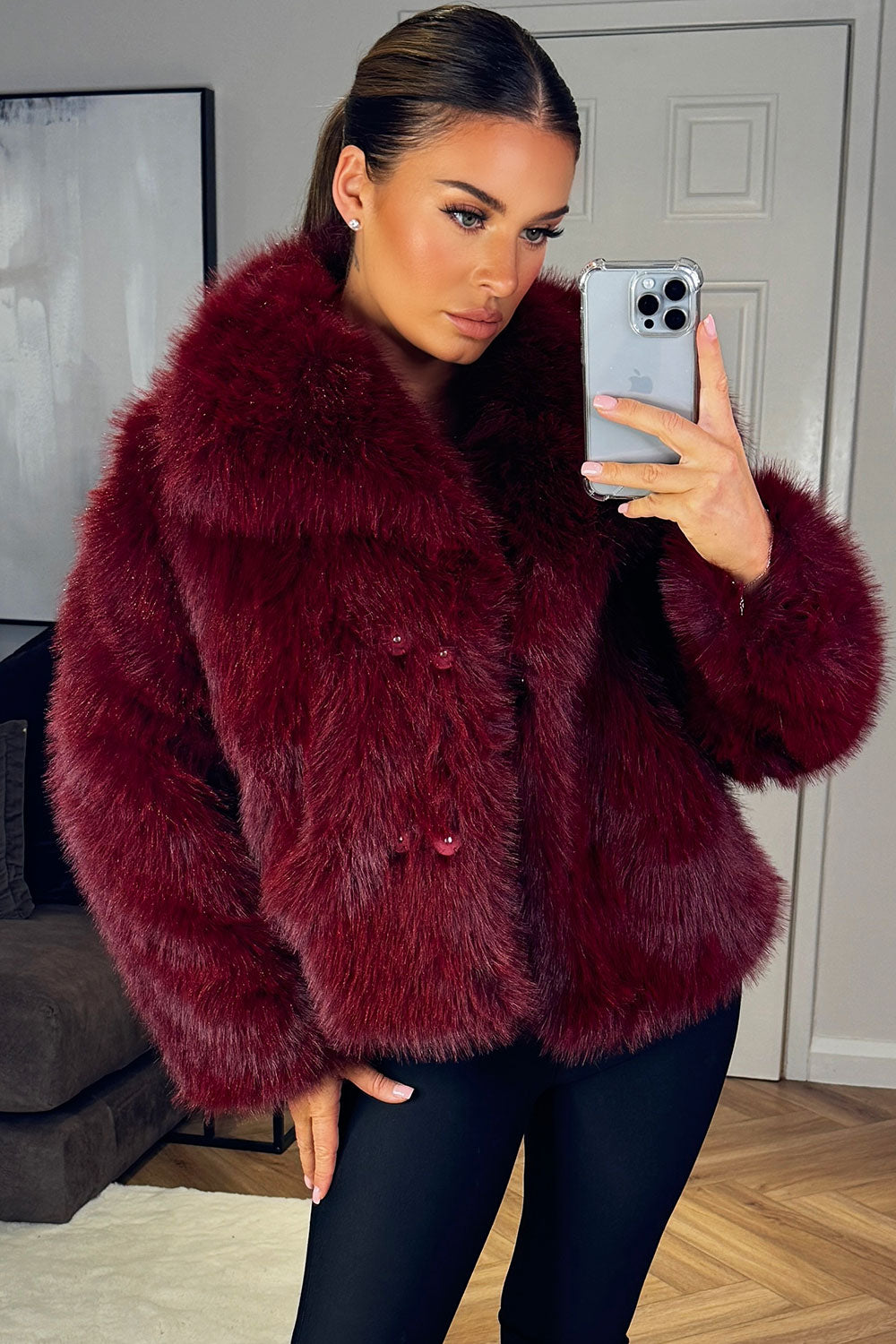 Burgundy Faux Fur Short Plush Jacket