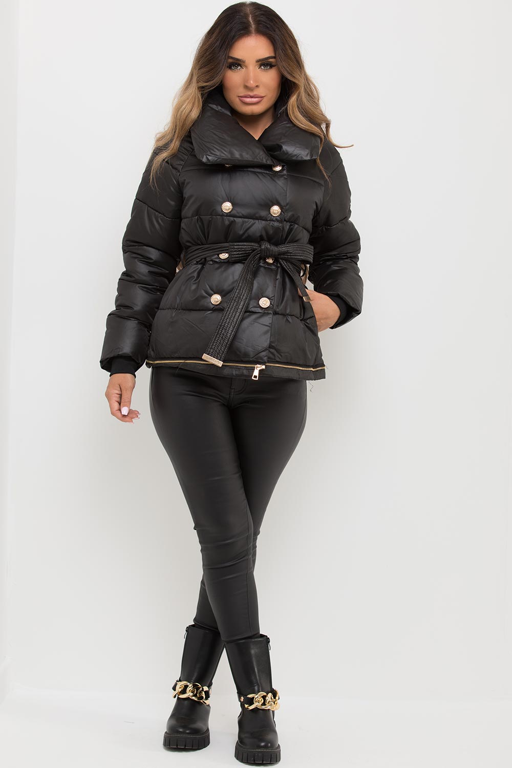 Black Longline Puffer Coat With Gold Buttons