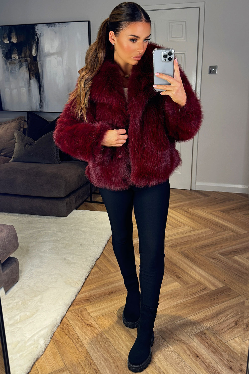 Burgundy Faux Fur Short Plush Jacket