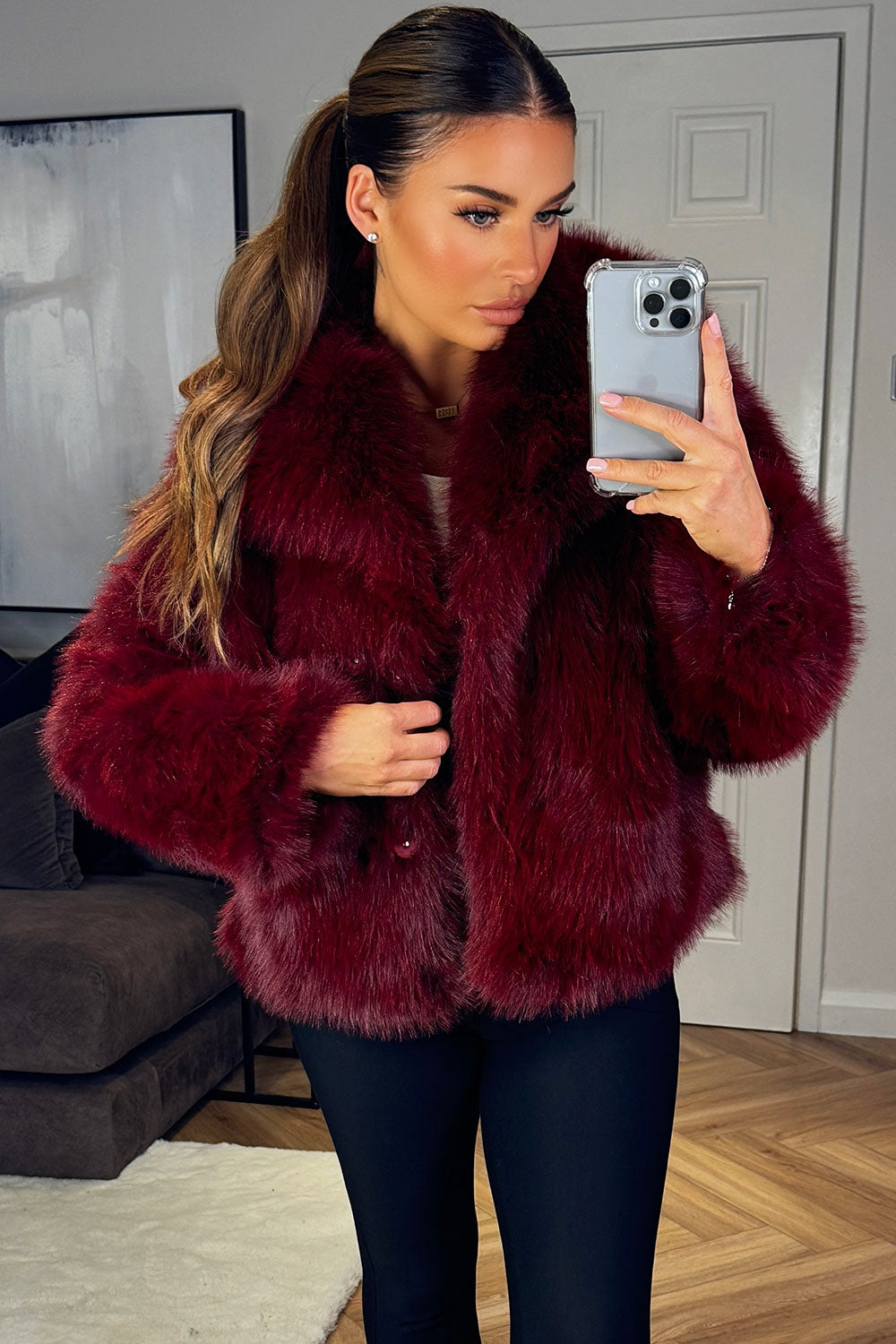 Burgundy Faux Fur Short Plush Jacket