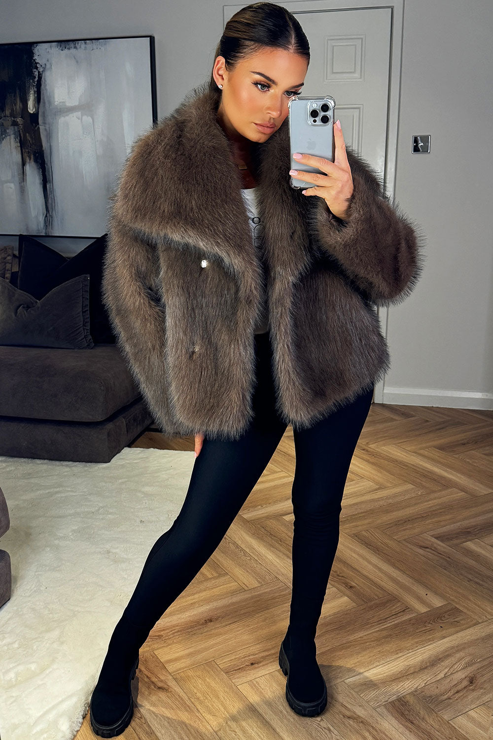 Brown Faux Fur Short Plush Jacket