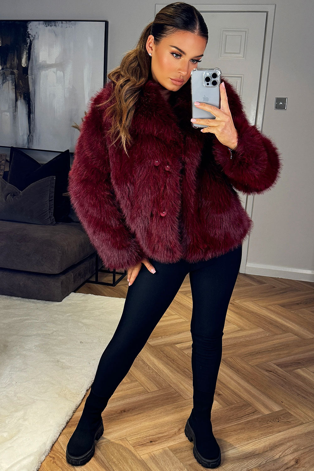 Burgundy Faux Fur Short Plush Jacket