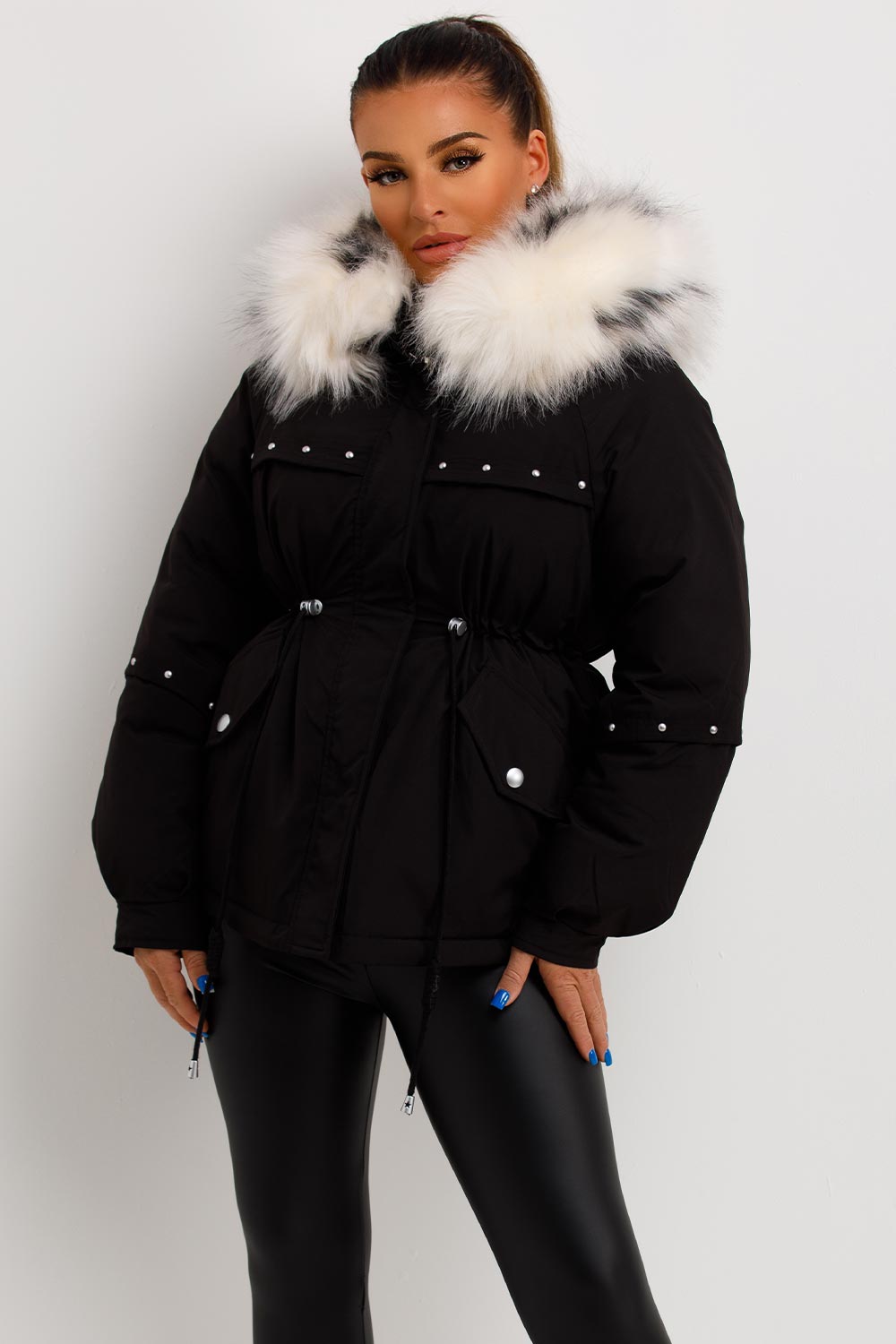 Black Coat With Faux Fur Hood And Drawstring Waist