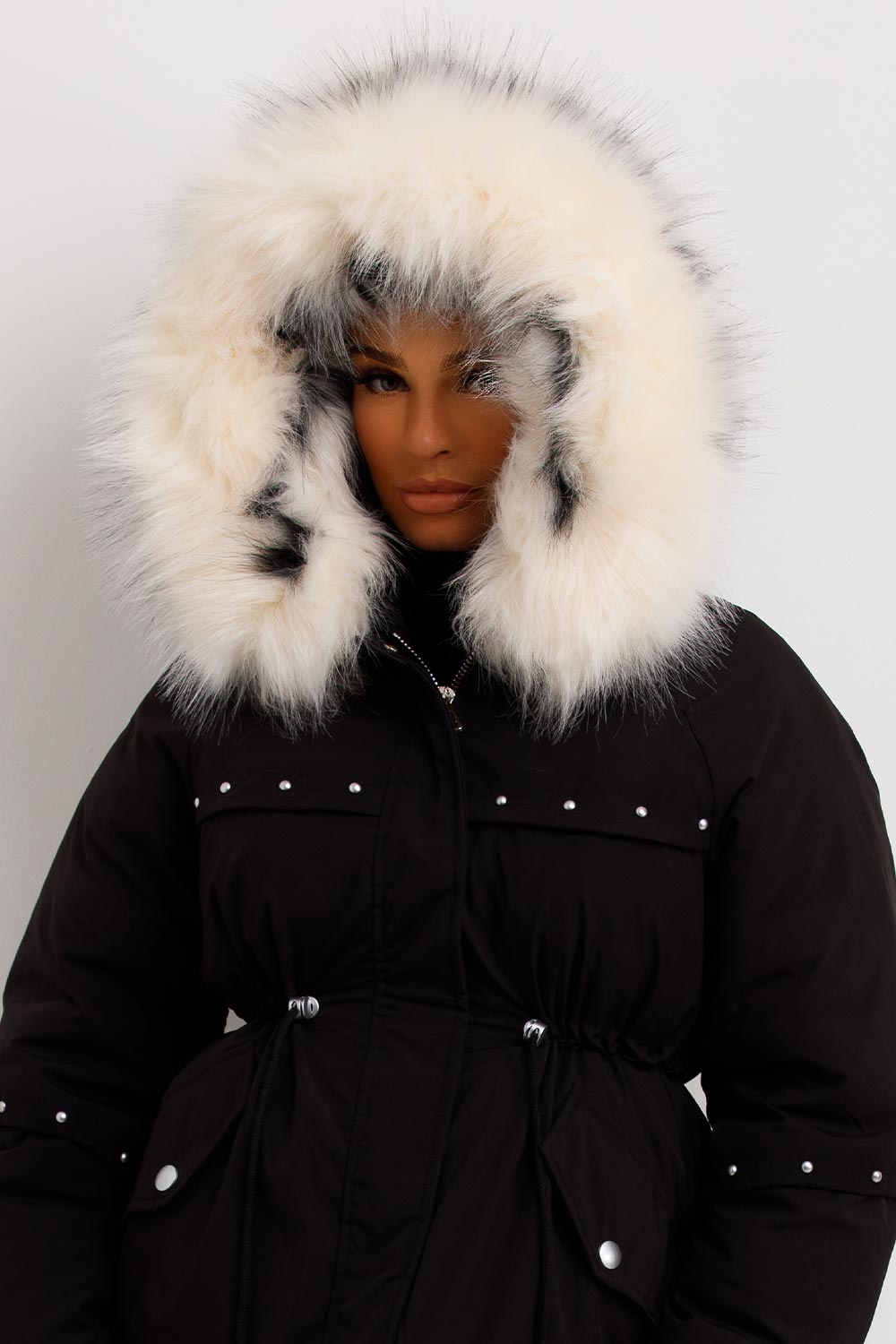 Black Coat With Faux Fur Hood And Drawstring Waist