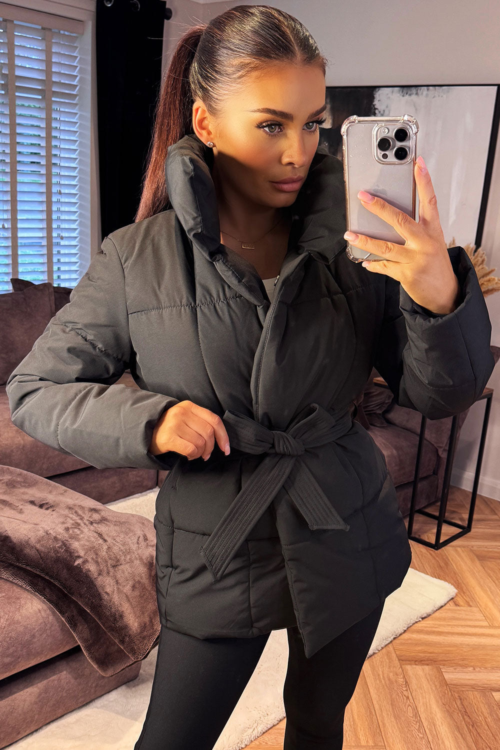 Black Duvet Padded Jacket With Belt