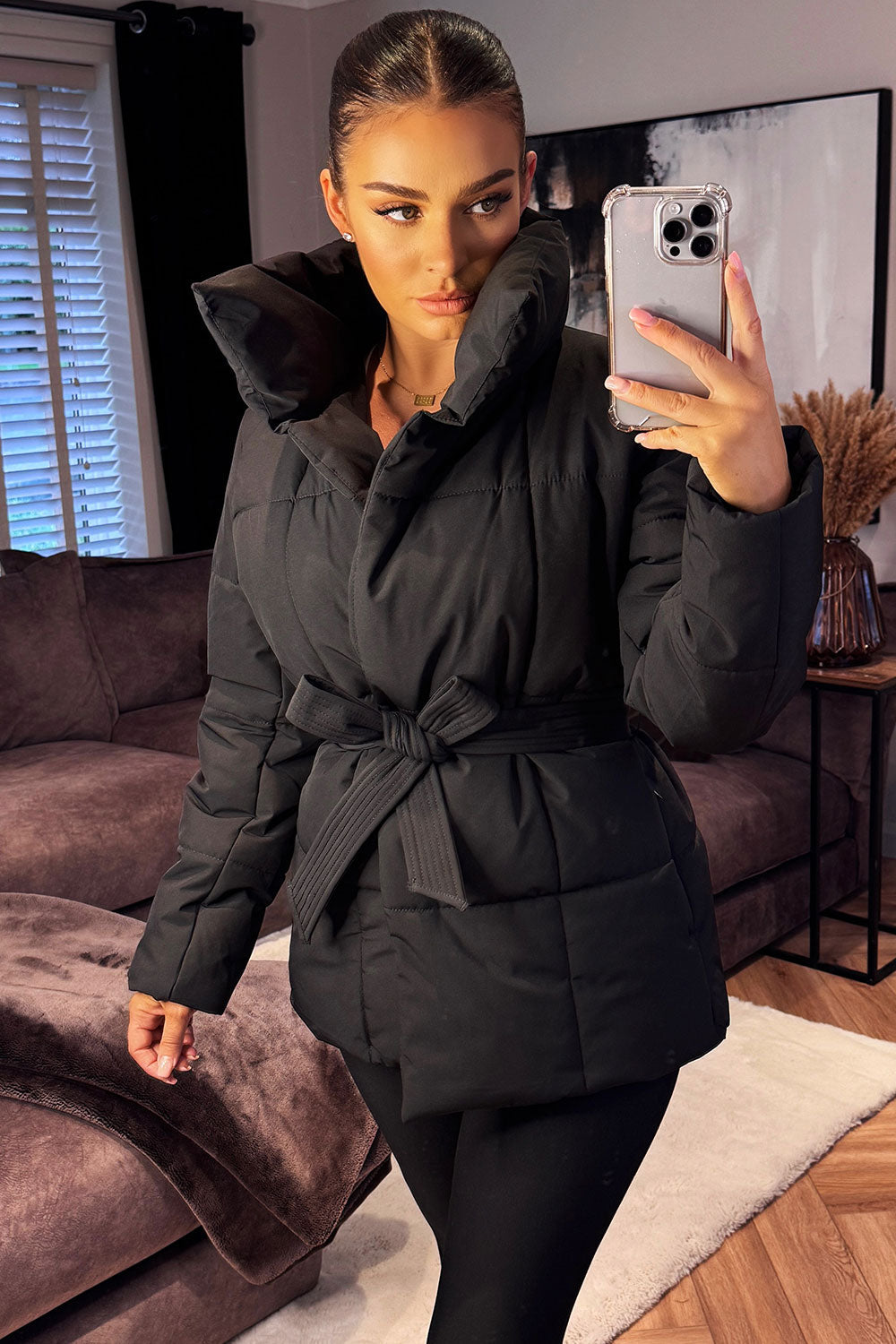 Black Duvet Padded Jacket With Belt