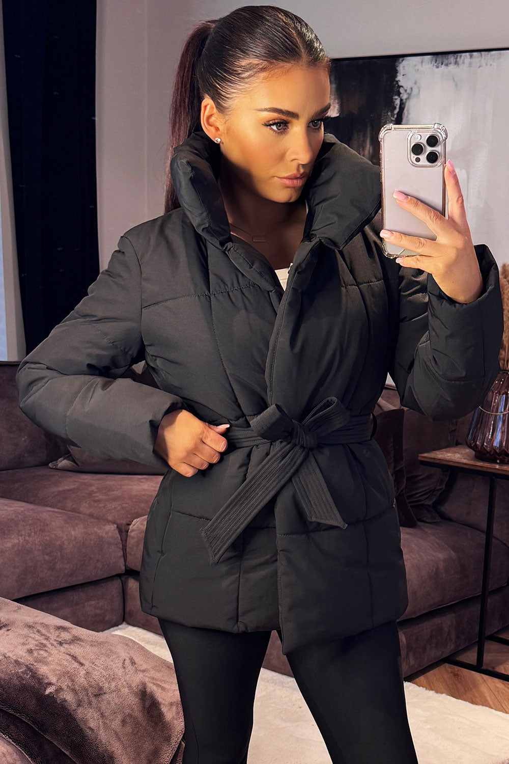 Black Duvet Padded Jacket With Belt