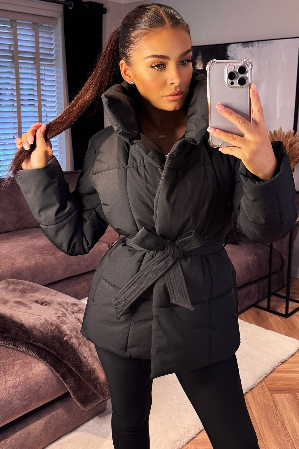 Black Duvet Padded Jacket With Belt