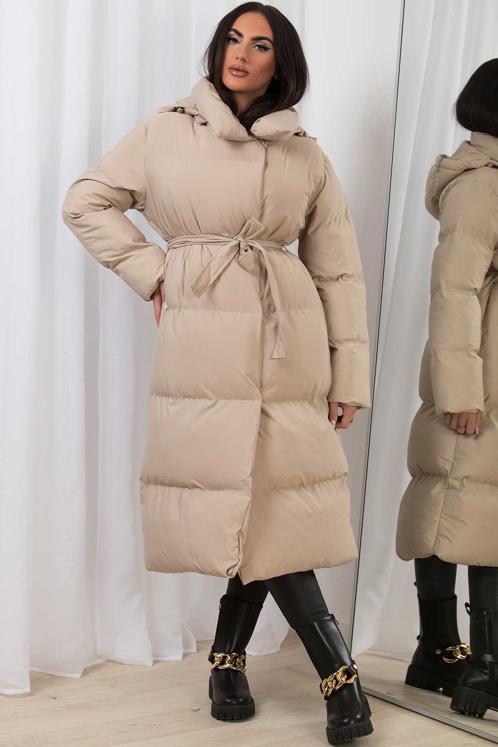 Long Duvet Coat With Hood Beige