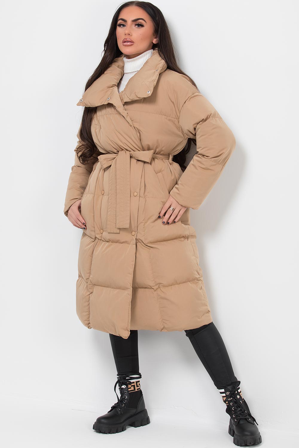 Long Duvet Puffer Coat With Waist Belt Camel