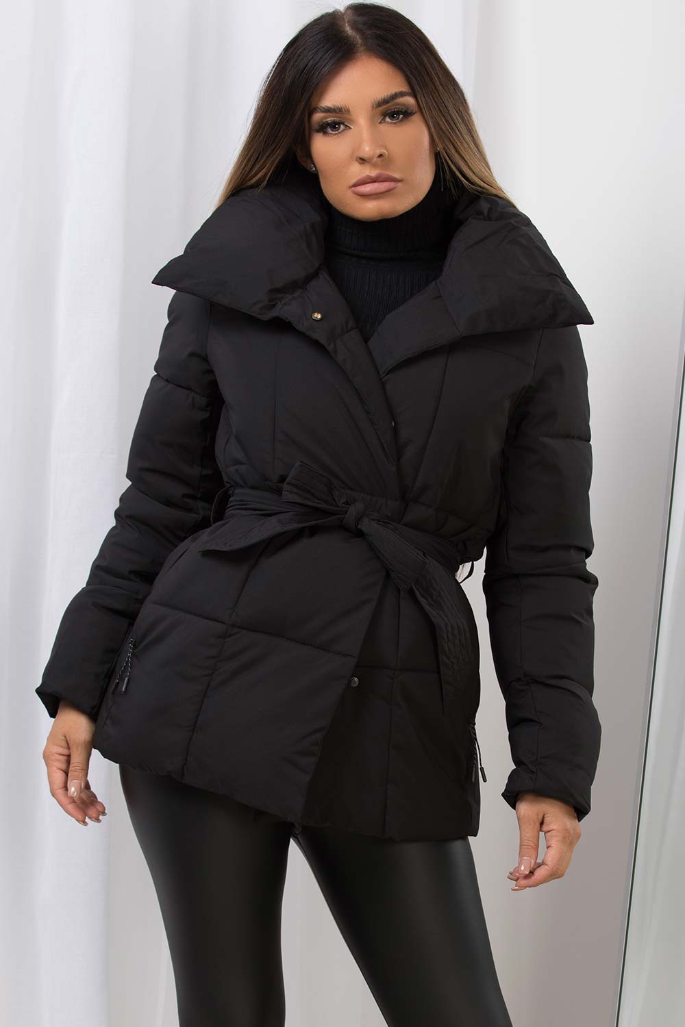 Black Duvet Padded Jacket With Belt