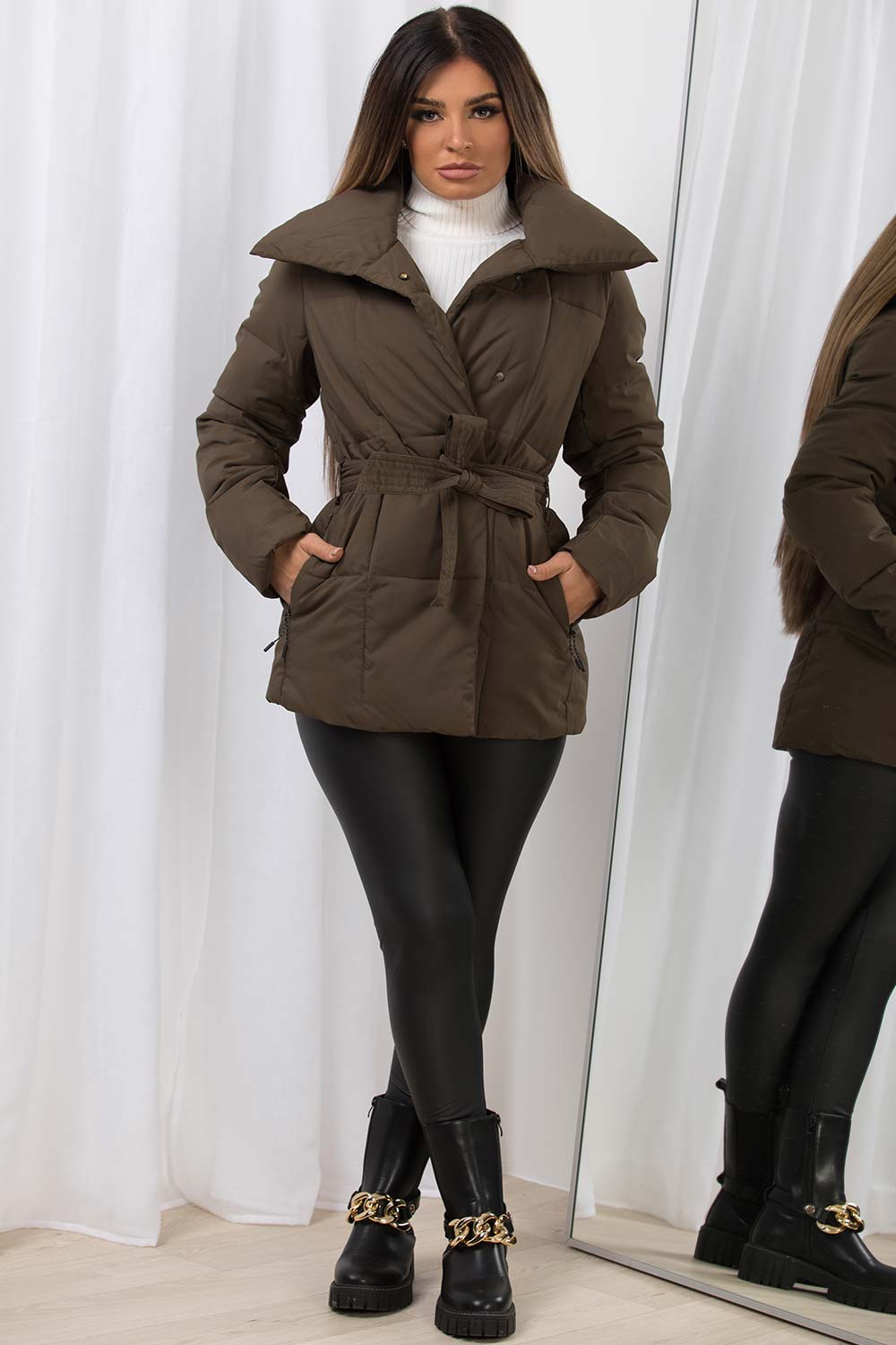 Duvet Padded Jacket With Belt Khaki