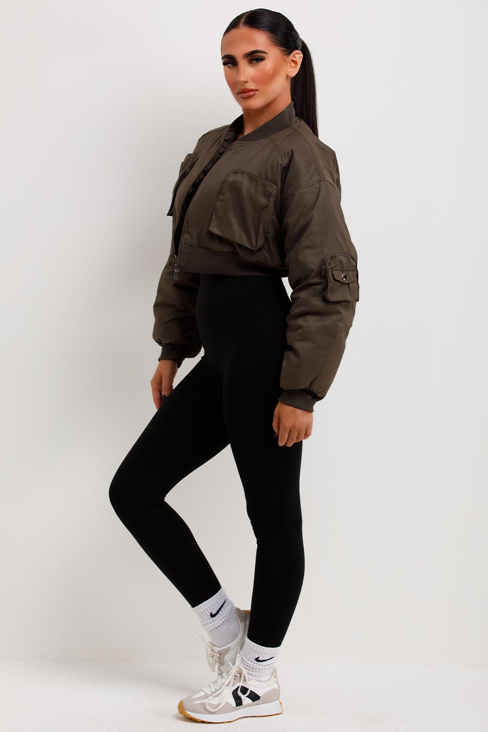 Crop Bomber Jacket With Pockets Khaki