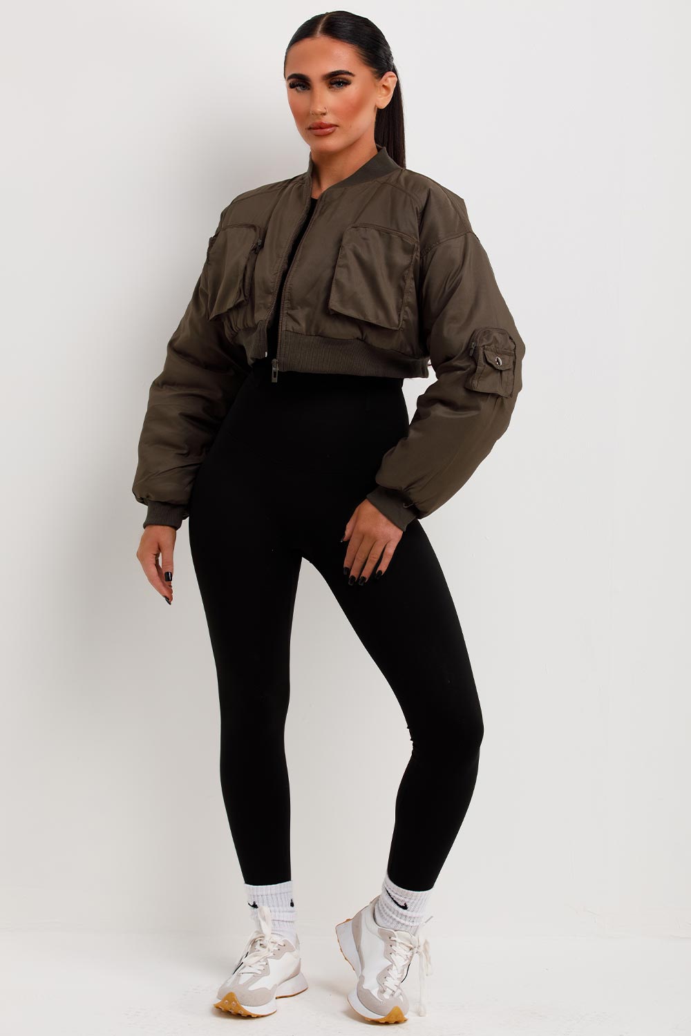 Crop Bomber Jacket With Pockets Khaki