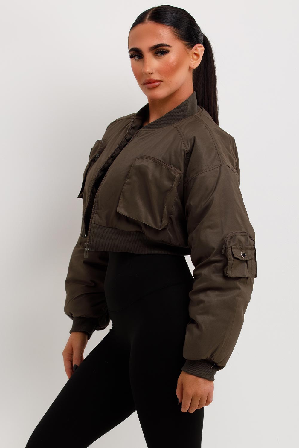 Crop Bomber Jacket With Pockets Khaki