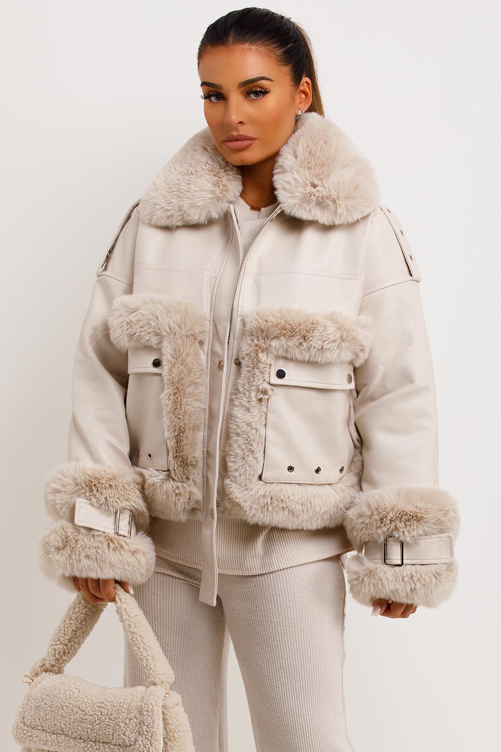 Faux Fur Trim Faux Leather Jacket Beige