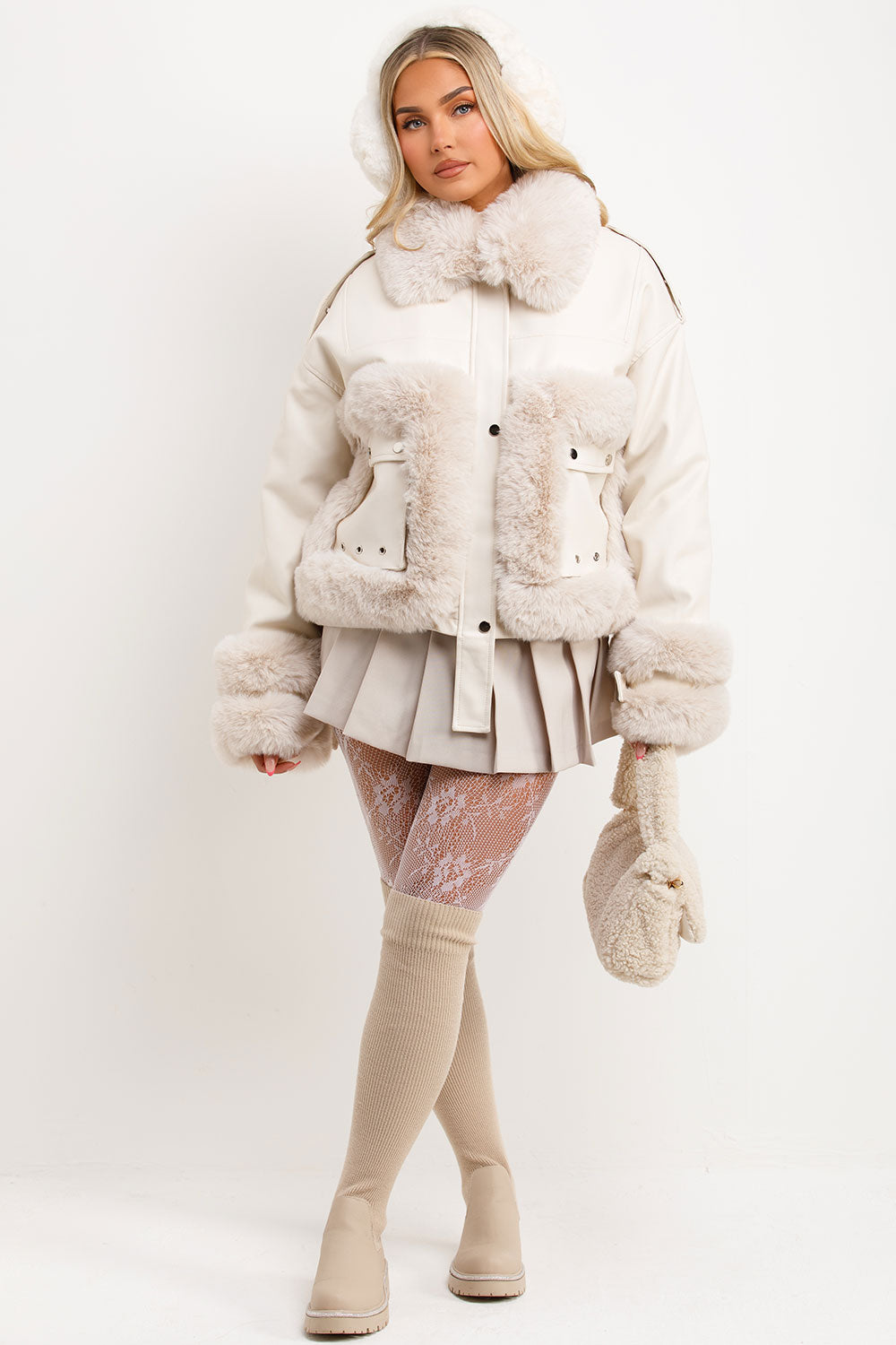 Faux Fur Trim Faux Leather Jacket Beige