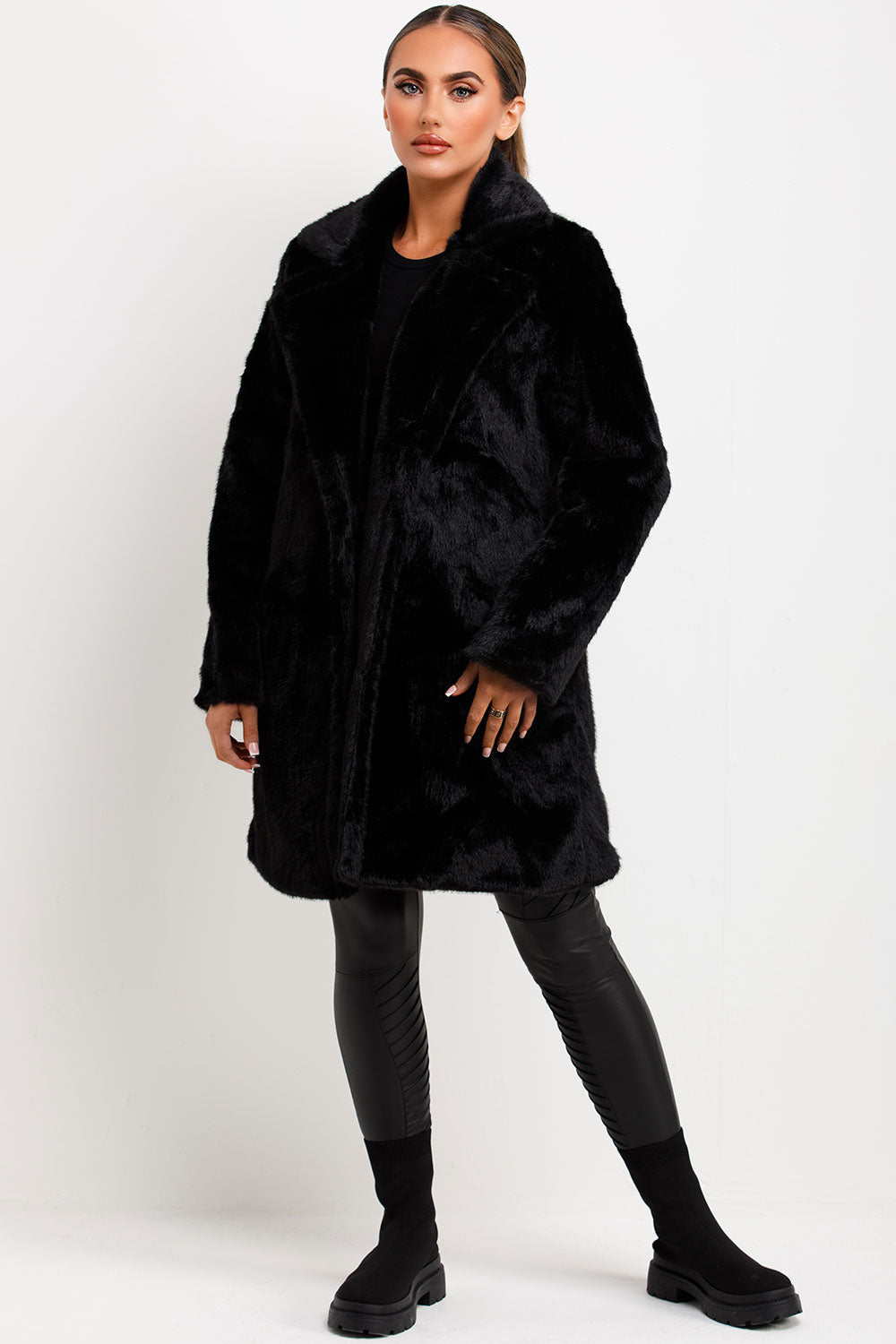 Black Faux Fur Coat With Lapel Collar