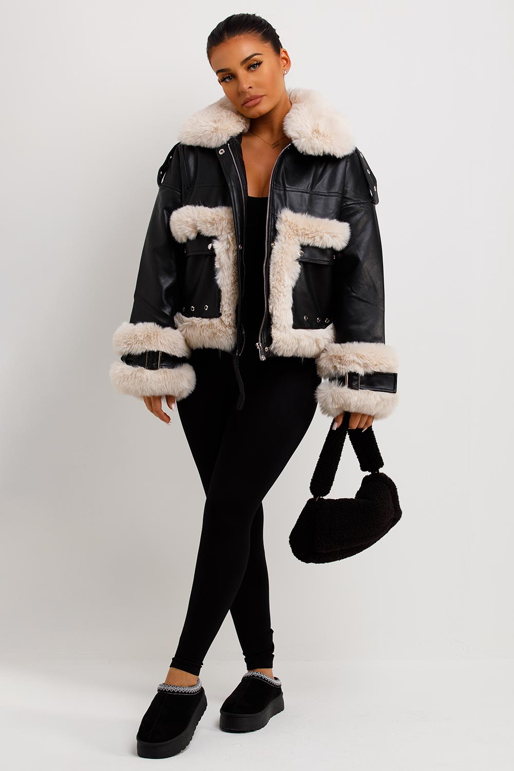 Faux Fur Trim Faux Leather Jacket Black