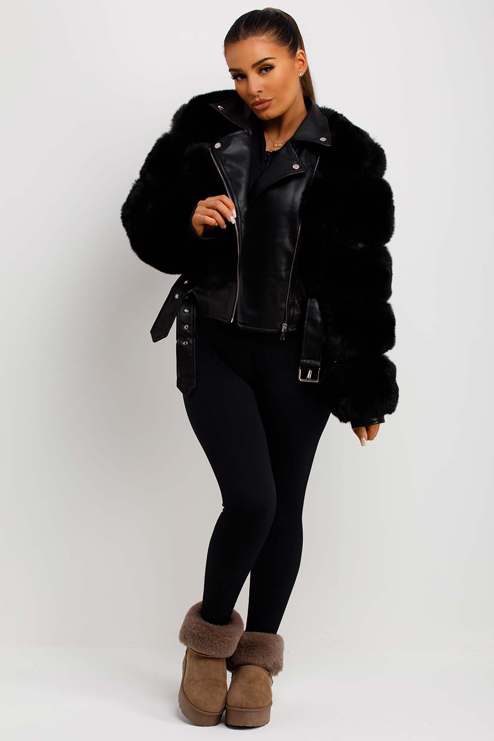 Faux Fur Faux Leather Aviator Jacket With Belt Black