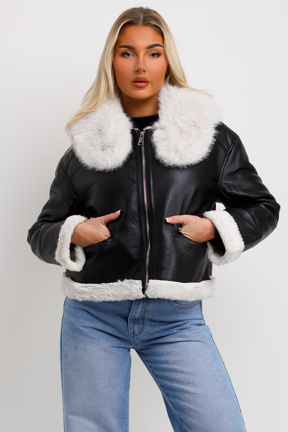 Crop Aviator Jacket With Fur Collar Black