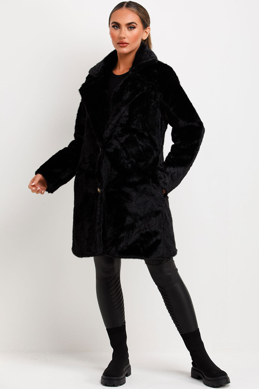 Black Faux Fur Coat With Lapel Collar