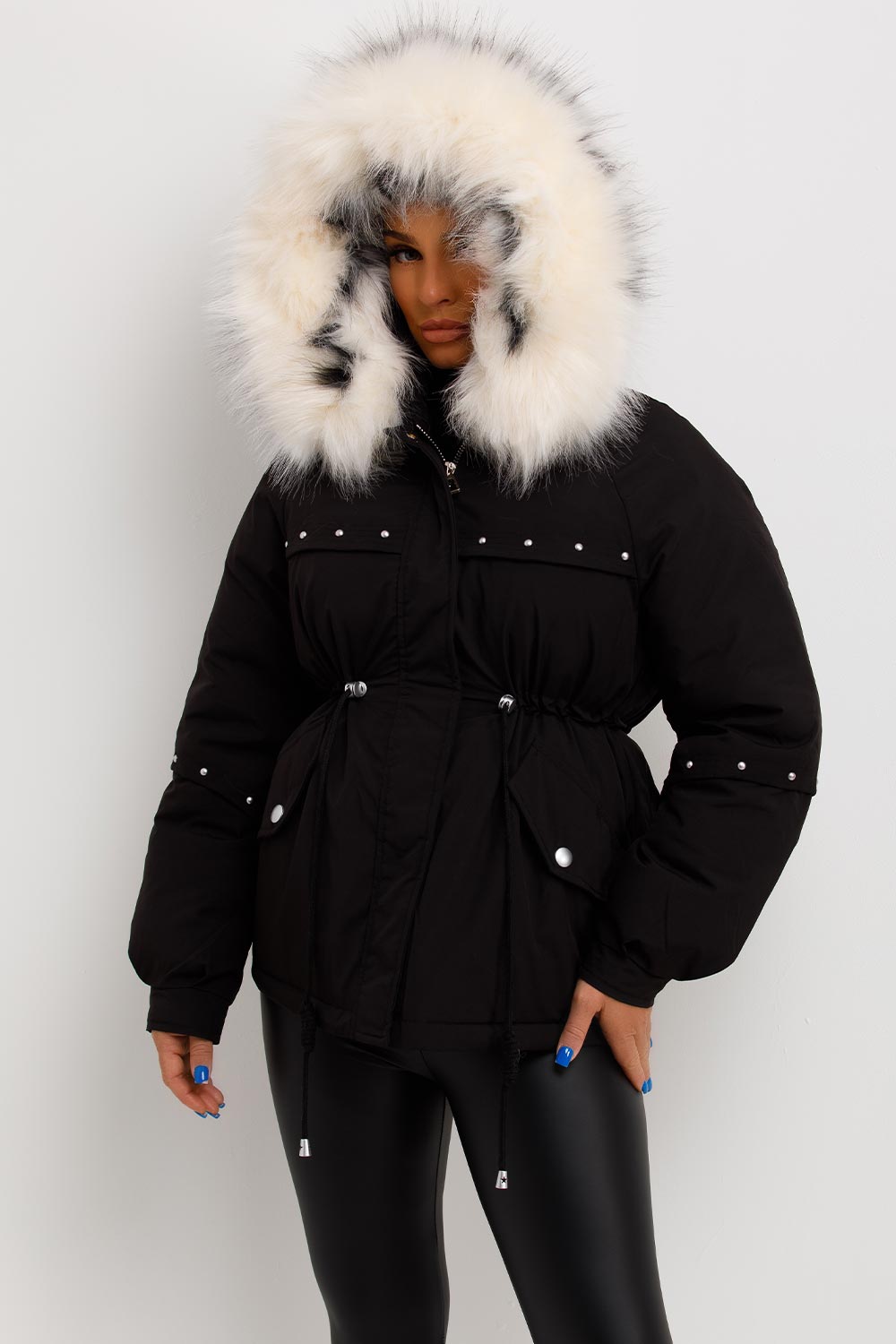 Black Coat With Faux Fur Hood And Drawstring Waist