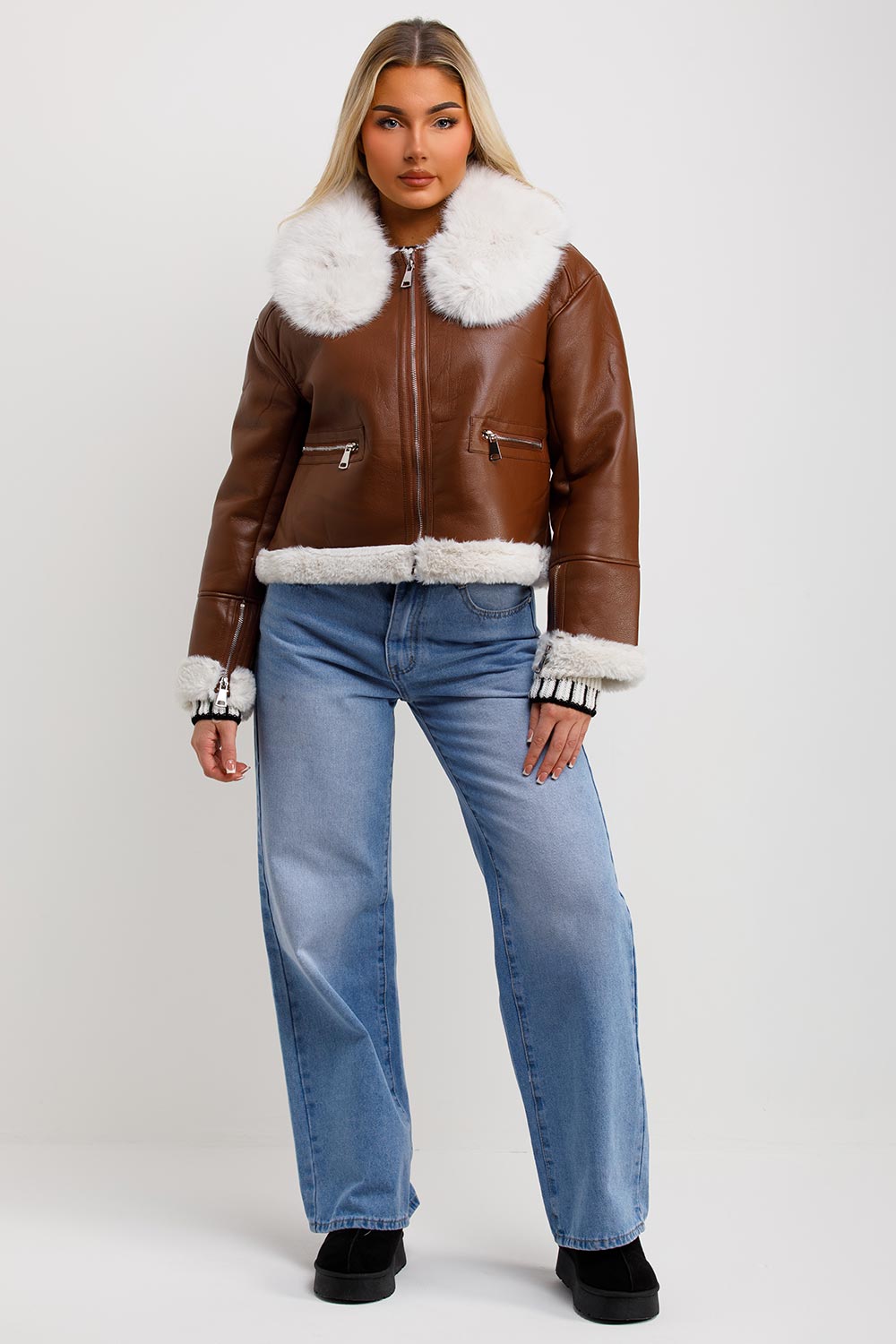 Crop Aviator Jacket With Fur Collar Brown