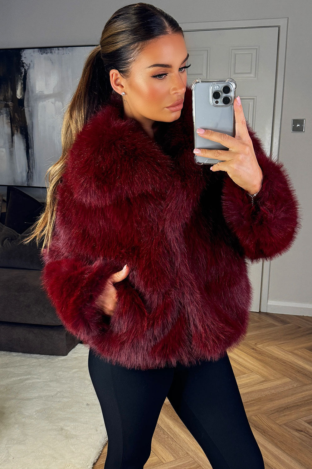 Burgundy Faux Fur Short Plush Jacket