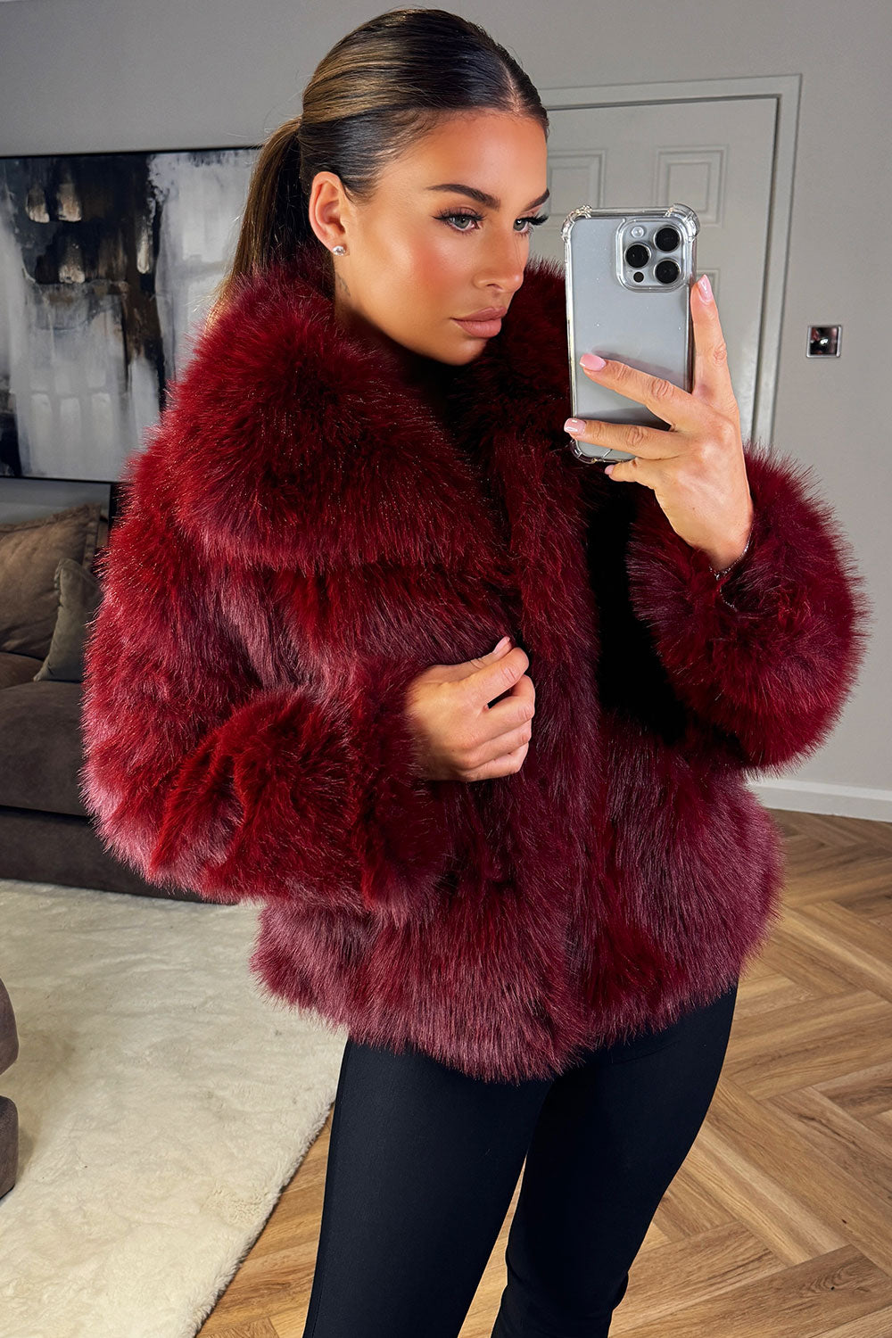 Burgundy Faux Fur Short Plush Jacket