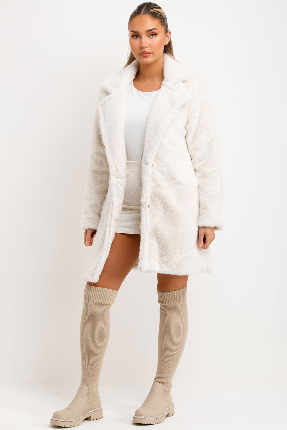 Faux Fur Coat With Lapel Collar White