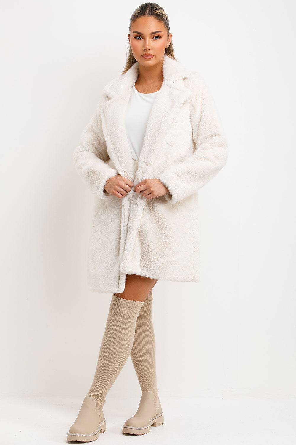 Faux Fur Coat With Lapel Collar White