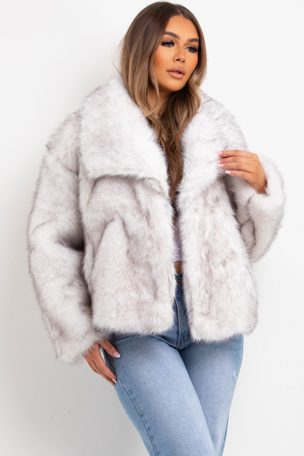 White Faux Fur Jacket With Collar