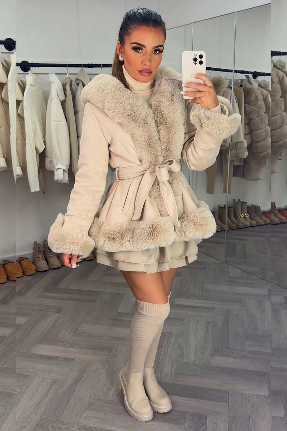 Beige Faux Fur Faux Suede Hooded Belted Coat