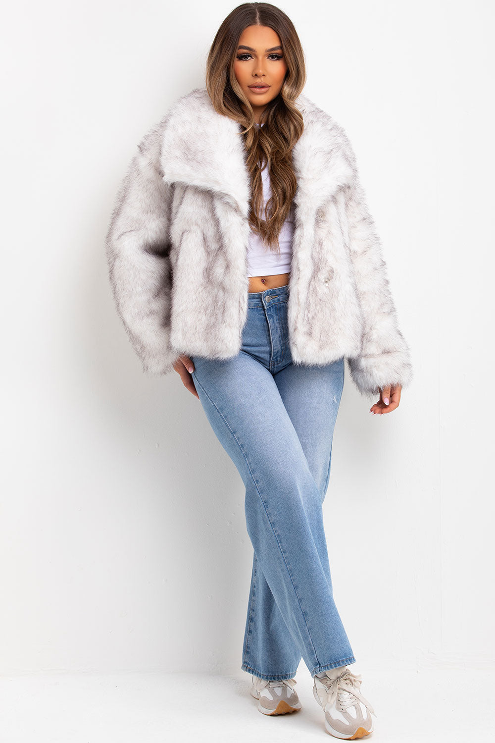 White Faux Fur Jacket With Collar