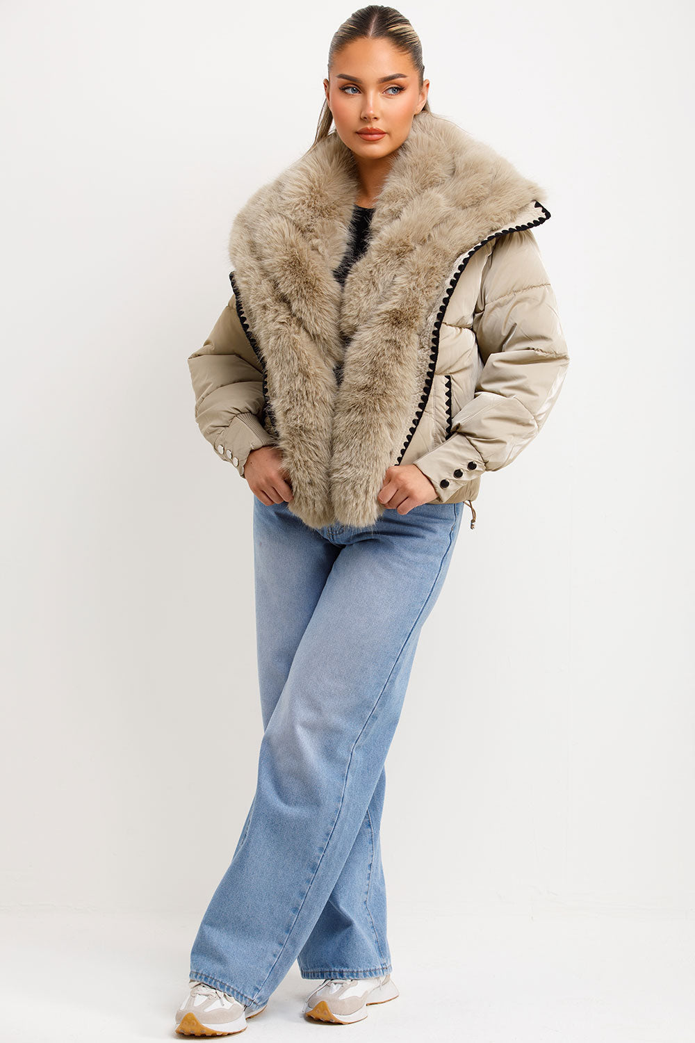 Faux Fur Collar And Trim Puffer Coat With Contrast Stitching Detail Beige