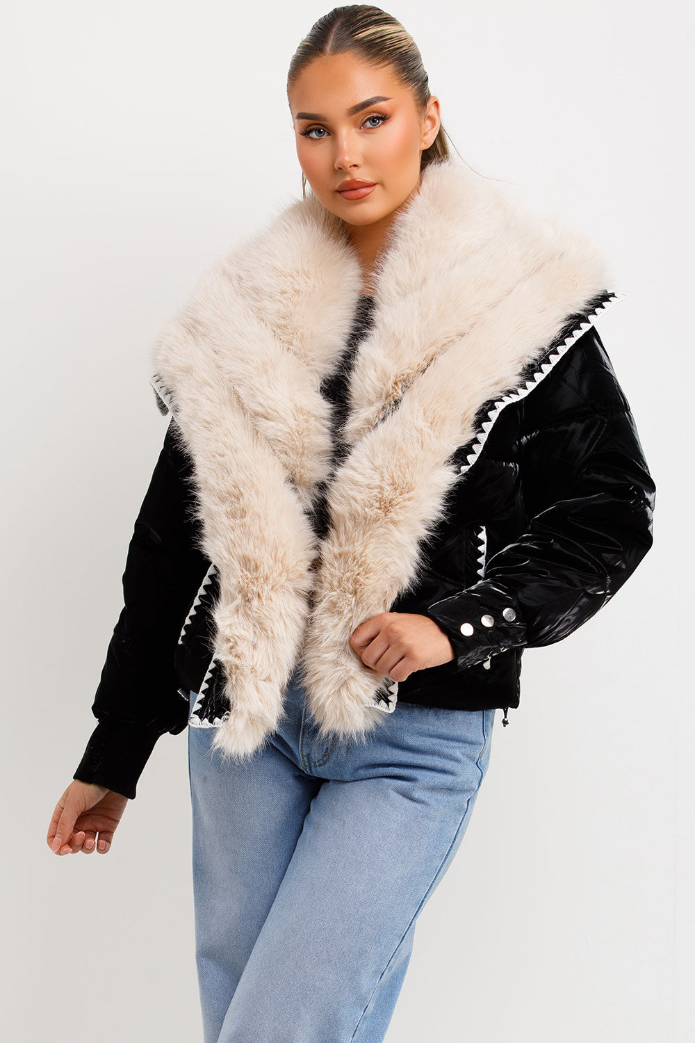 Faux Fur Collar And Trim Puffer Coat With Contrast Stitching Detail Black