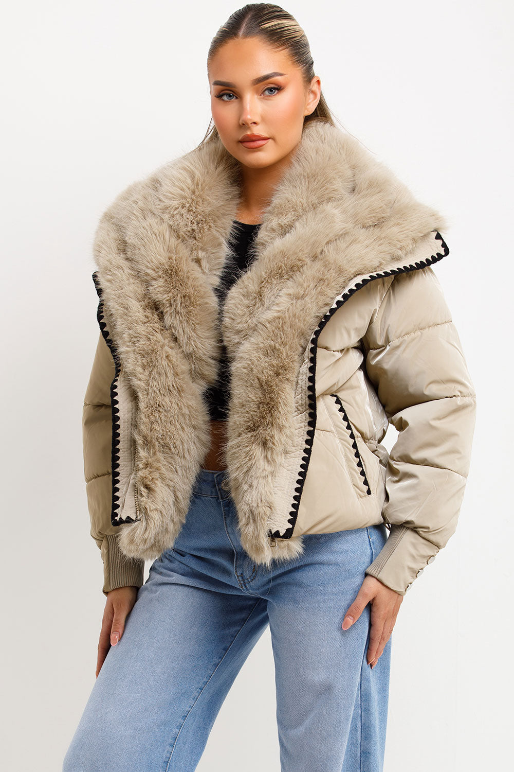 Faux Fur Collar And Trim Puffer Coat With Contrast Stitching Detail Beige